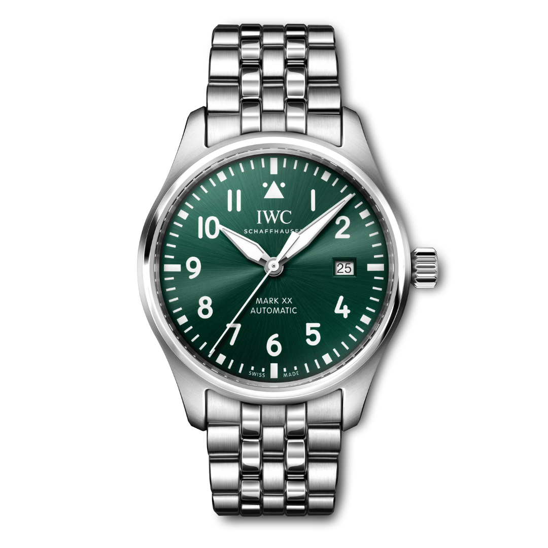 IWC watch with green dial and silver bracelet on a white background