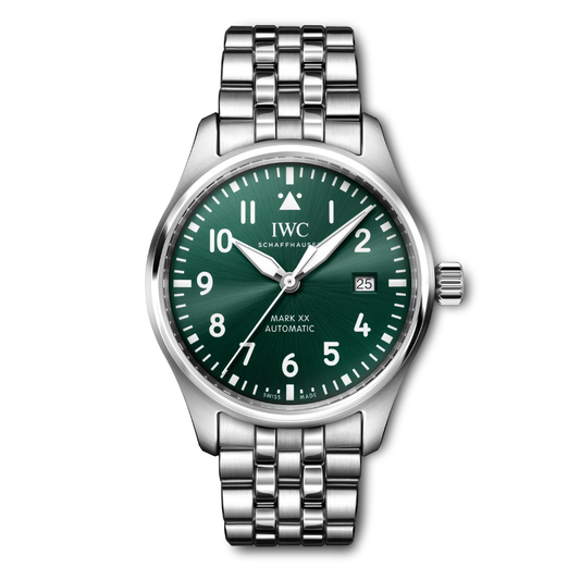IWC watch with green dial and silver bracelet on a white background